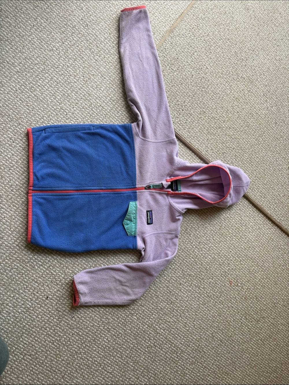 Patagonia Kids Colorblock Fleece Hoodie in Lavender, Blue & Coral